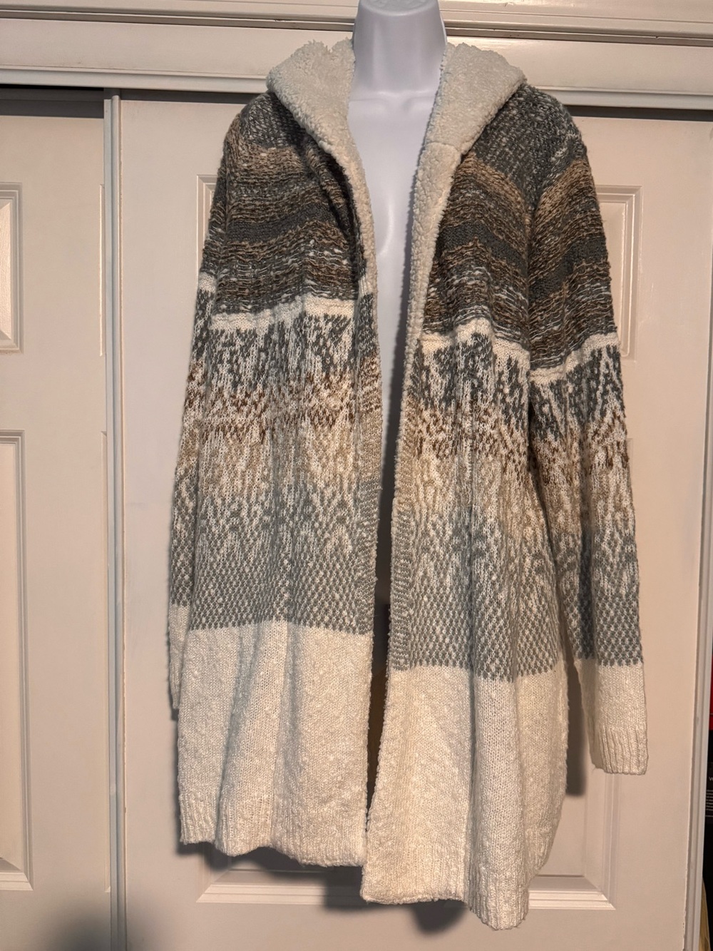 Source Unknown Hooded Open-Front Cardigan in Cream, Gray, and Brown
